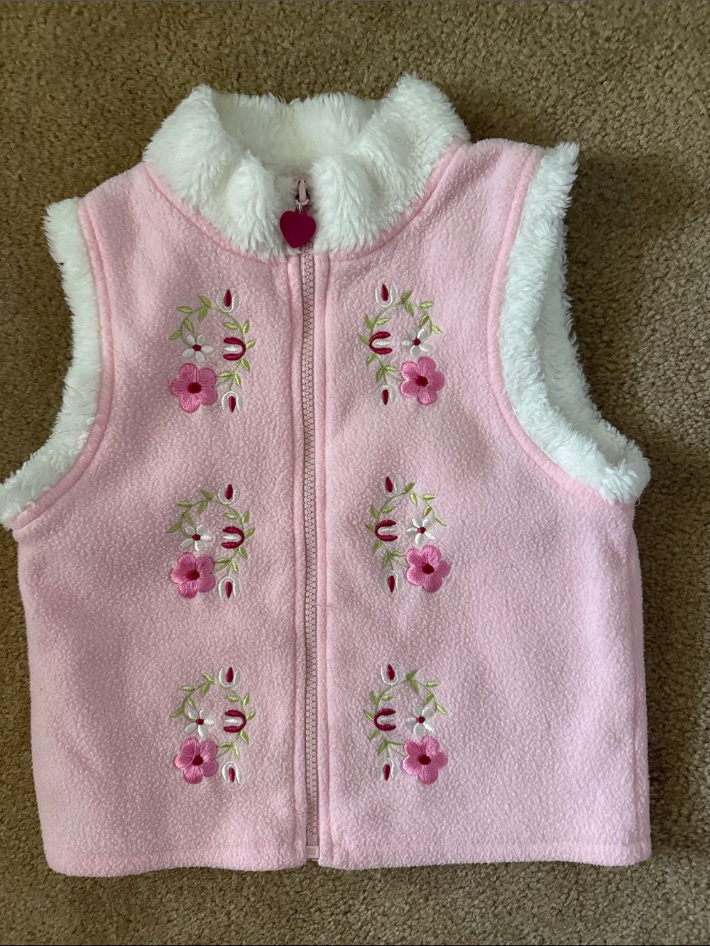 Pink Floral Embroidered Fleece Vest with Faux Fur Trim
